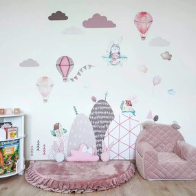 INSPIO Falmatrica gyerekszobába - Rózsaszín hőlégballon matrica névvel gyerekszobába