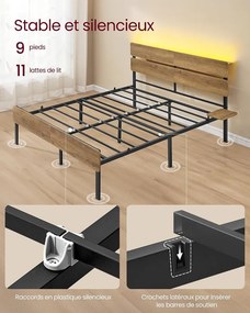 Vasagle fém ágykeret LED-del és USB-vel, 140x190 cm – Barnet