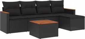 vidaXL 6 részes fekete polyrattan kerti ülőgarnitúra párnákkal