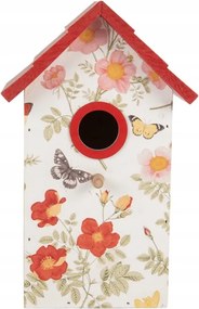 Fehér-piros fa madárház virágokkal és pillangókkal 15x10x22