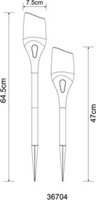 Globo 36704 Solar lámpa, műanyag fekete matt, műanyag átlátszó, műanyag fehér, nyomáskapcsoló, tűzhatás, akkumulátorral: AA 800mAh 1,2V, IP44, ø: 75mm, M: 645mm, 2 magasság lehetséges, 64,5 cm vagy 47 cm, tartozék:12x LED 0,2 W 3V, 1600K