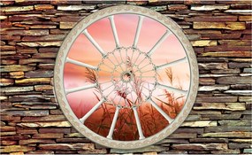 Flizelin fotótapéta Tégla ólomüveg és hajnal mező az ablakon kívül 208x146 +ragasztó