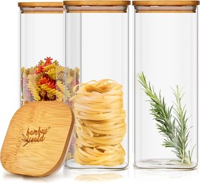 Klarstein Szögletes élelmiszertároló edény bambusz fedéllel, 10 × 20,5 × 10 cm, 3 × 1500 ml, légmentes, szilikon tömítéssel