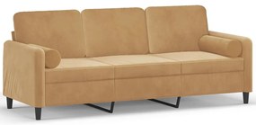 3 személyes barna bársony kanapé díszpárnákkal 180 cm