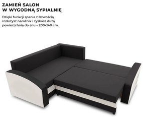 Grande sarokkanapé polcokkal , polc a jobb karfaban, baloldali, szövet anyag, hab töltet, fekete - fehér