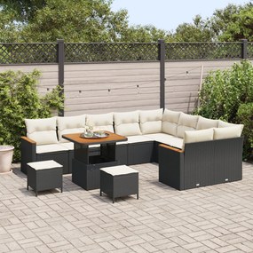 12 darabos kerti kanapé szett párnákkal Fekete Poli rattan Acacia, 3 darabos kerti étkező szett párnákkal Fekete Poli rattan Acacia