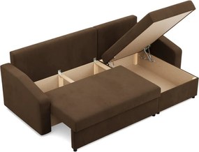 Zeus sarokkanapé, 2 ágyneműtartóval, döntött kartámasz, szövet anyag, univerzális oldal, hab töltet, barna