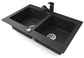 Gránit mosogatótálca NERO Verso + kihúzható zuhanyfejes Shower csaptelep + dugókiemelő (fekete)