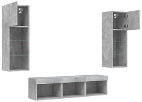 5 darab betonszürke szerelt fa fali TV-bútor LED-del