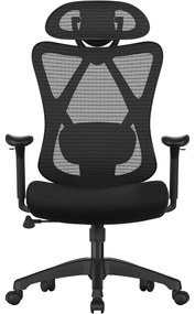 Irodai szék, hálós szék, állítható deréktámasz és fejtámla, fekete