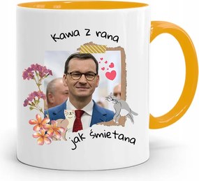 Sárga Politikus Bögre Mateusz Morawiecki Miniszterelnök fényképes nyomtatással