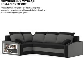 Grande sarokkanapé polcokkal , polc a bal karfaban, baloldali, szövet anyag, hab töltet, fekete - szürke