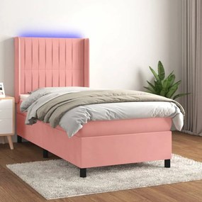 Rózsaszín bársony rugós és LED-es ágy matraccal 100x200 cm