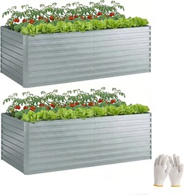 Outsunny 2 db horganyzott acél magaságy 180 × 90 × 60 cm — mély, négyszögletes, nyitott aljú virágládák támasztórudakkal, kesztyűvel — ezüst | Aosom