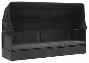 Fekete polyrattan kültéri kanapé napellenzővel