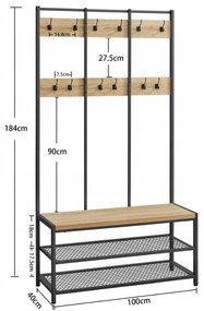 Fém előszobafal STAGE 184 cm, fekete/sonoma tölgy