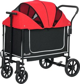 PawHut 2 az 1-ben Összecsukható Kutyakocsi Kutyáknak és Macskáknak 30 kg-ig, Ágyas Hálós Ablakokkal, 2 Ajtóval, Tárolótáskával, Vörös | Aosom