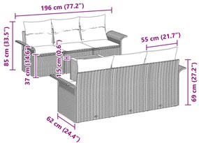 7 Darabból álló Kerti Kanapé Szett Párnákkal Bézs Poli Rattan Akác, 2 Személyes Kerti Kanapé Tárolóval és Párnákkal Bézs Poli Rattan