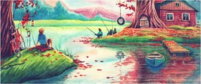 Kép - akvarell, Öböl egy hegyi faluban (120x50 cm)