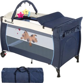 tectake 400534 összerakható hordozható babaágy 132x75x104cm, pelenkázóval, kutya mintával és hordtáskával - kék