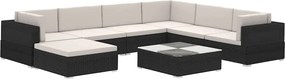 8-részes fekete polyrattan kerti bútorszett párnákkal