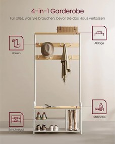 Előszoba fogas polccal, akasztókkal, cipőtartóval és ülőkével, tölgy és fehér 85x30x180cm