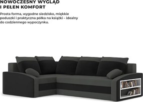 Grande sarokkanapé polcokkal , polc a jobb karfaban, baloldali, szövet anyag, hab töltet, szürke - fekete