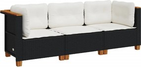 vidaXL fekete 3 személyes polyrattan kerti kanapé párnákkal