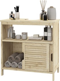 HOMCOM Bambusz Mosdó Alatti Szekrény, Fürdőszobai Tárolószekrény 2 Csúszóajtóval, 60 x 30 x 60 cm, Természetes Fa | Aosom