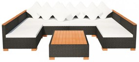 7-részes fekete polyrattan kerti bútorszett párnákkal