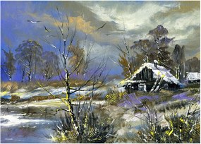 Téli tájon lévő házikó képe, olajfestmény (üvegen) (70x50 cm)