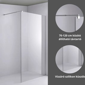 Stuxi Milano Walk-in zuhanyfal, 110x200 cm, 8 mm vastag vízlepergető biztonsági üveggel, 200 cm magas, króm profillal és távtartóval