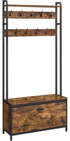 Fogas cipőtárolóval, előszobafal padokkal, 85x30x180cm, rusztikus barna és fekete