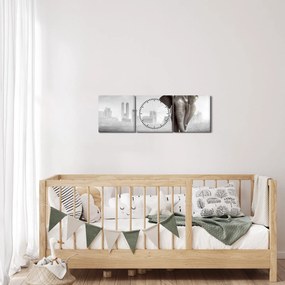 Kép -Elefánt egy nagyvárosban, fekete-fehér változat (órával) (90x30 cm)