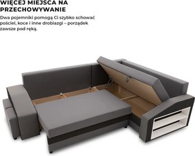 Grande sarokkanapé polcokkal és puffokkal , polc a jobb karfaban puffok a bal karfaban, jobboldali, szövet anyag, hab töltet, szürke - fekete