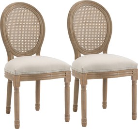 HOMCOM 2 db-os Étkezőszék Készlet Rattan Háttámlával, Vászonhatású, Francia Stílusú Kárpitozott Szék, Nappaliba, Étkezőbe, Krém Fehér + Természetes |