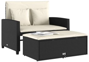 2 személyes fekete polyrattan kerti kanapé párnával