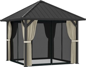 Outsunny Pavilon Terasszal, kb. 3x3m Vízálló Stabil Télálló Kerti Pavilon Fekete Szúnyoghálóval, Oldalfalakkal, Fém Kerti Pavilon, Teraszra | Aosom