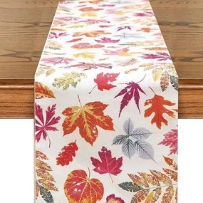 Asztalterítő len utánzat 33x183cm Őszi levelek fehér szín
