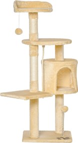 PawHut Macska Karpátka Nagy Platformokkal, Kunyhókkal és Játék Gömbökkel 114cm Bélyegzett Bézs Plüssben | Aosom