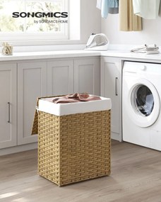 Kézzel fonott rattan szennyeskosár, összecsukható, kivehető zsákkal 90L, sárga
