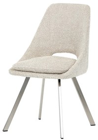 Scaun de sufragerie modern, tapițerie din material crem, picioare metalice, oțel inoxidabil periat.