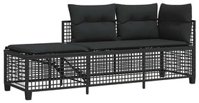 3 részes fekete polyrattan kerti sarokkanapé garnitúra párnával