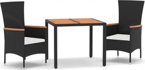 vidaXL 3 részes fekete polyrattan kerti étkezőgarnitúra párnákkal