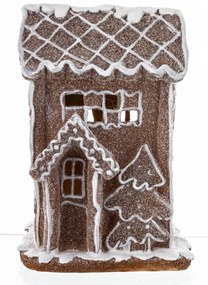 LED-es karácsonyi barna grillázs lámpás házikó ünnepi fenyőfás díszítéssel asztali dekoráció 20,5x14x12,5cm