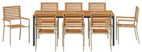 9 darabos kerti étkező garnitúra bézs poli rattan akáccal, Összecsukható kerti szék párnákkal - 2 db bézs poli rattanban, Kerti asztal 200x90x75 cm tömör akácfa és fém
