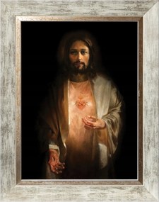 Jézus Szíve Vallásos Vászonkép Díszített Fehér Keretben 30X40