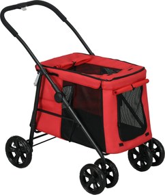 PawHut Összecsukható Háziállat Babakocsi Kutya Macska Párnával, Fékkel Ellátott Kerekekkel, 600D Oxford Szövet, Acél, 102 x 62 x 105 cm, Piros | Aosom