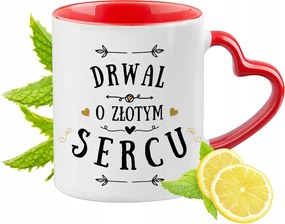 Piros bögre szív alakú füllel favágónak ajándékba