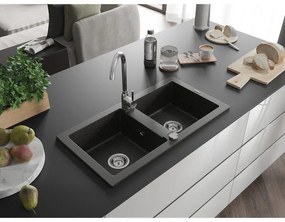 Mexen Mario, 2 kamrás gránit mosogató 820x436x161 mm és Telma króm mosogató csaptelep, fekete-arany metál, 6504-75-670200-00